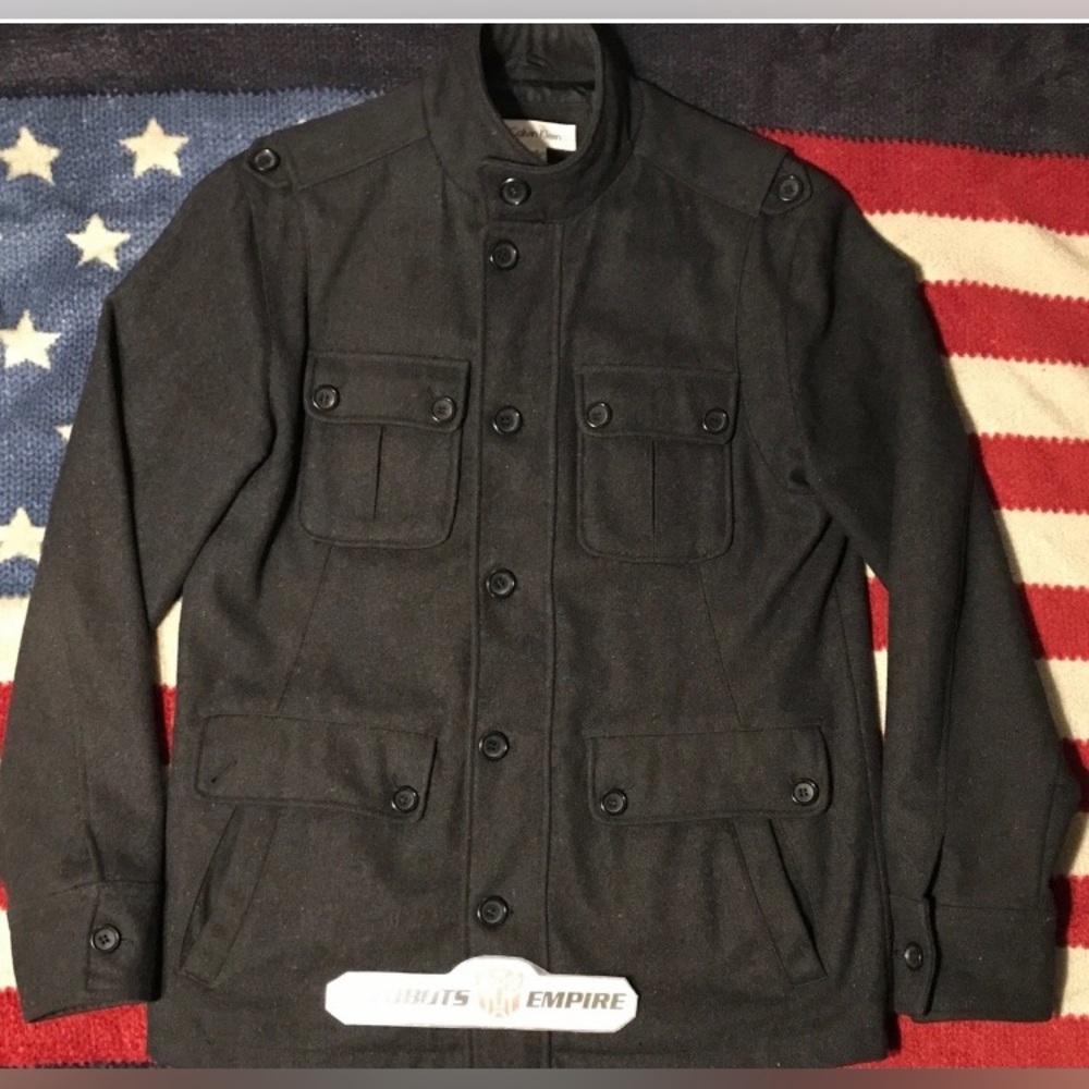 Vintage CALVIN KLEIN WOOL Dark Charcoal Military Army PEACOAT Jacket S Rlx Rlpc